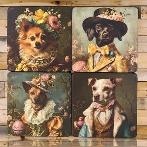 Handmade Super Fun Vintage Style Easter Dog 4” Square Wood Coasters – Set of 4